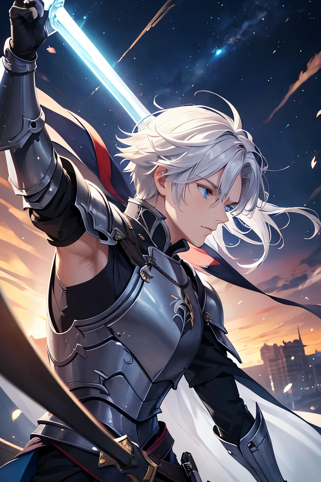 masterpiece, best quality, , 1adult man,18, years old, solo, male focus, Armor,white hair, blue eyes,Iron armor, night,, night, half body photo,Facing right, swinging sword, camera angle from the side, photo from the side, looking away