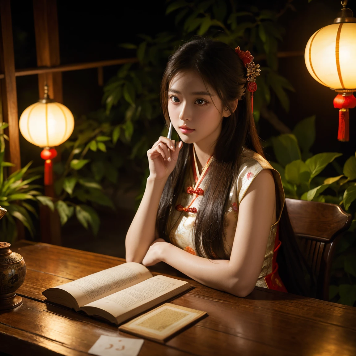 A photo of a beautiful girl in a traditional Chinese dress looking at ancient chinese book under lamp on a low table in garden surrounded by old walls in a peaceful night,((her right hold a pen and her left hand place on table)),((masterpiece)),realistic,4k,extremely detailed,((beautiful big eyes))