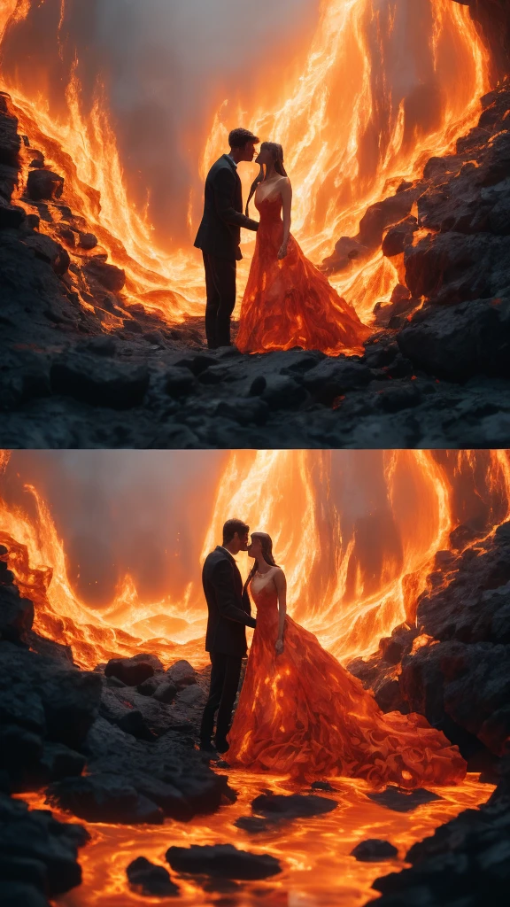 masterpiece，Highest quality，Rich in details，high resolution，flame/fiery的焰/flame，Dynamic Scene Scale 1.3，Romantic couple kissing in the fire，Firestorm，on fire，Bizarre fantasy image，Excellent skin texture，Magic Circle，Casting a Spell，strange，紫色strength，strength，fiery，meteor。