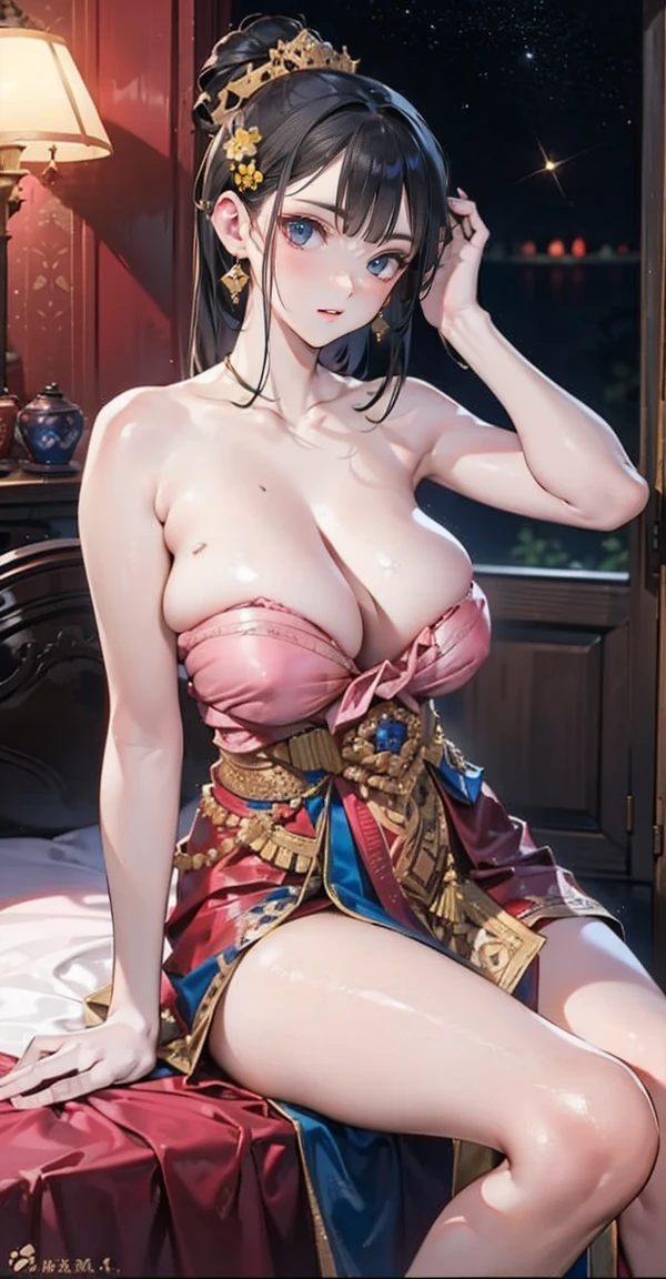 Group of 5 princesses,(5 young women,many young women), (in the bedroom), Various hair styles, harem, Wearing a strapless Thai dress..,(no bra,no panties) at night, detailed face,Complete breasts,Complete Hand, ((big breasts,Breast curtain,partially naked)) short skirt, mule, Sleeveless , Show your armpits, at night, starry at night,(large areolae:1.4,pink,The nipples are clearly visible....),((Various poses),(look at viewer:1.5),milf, Highest quality、Highest picture quality、Masterpiece