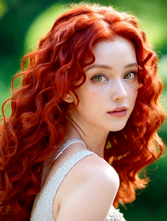 Generate a visually striking and hyper-realistic image of a beautiful girl with red curly hair. Highlight the natural beauty and uniqueness of her features. Optimize for detailed realism, vibrant colors, and captivating facial expressions. Pay special attention to the intricate details of the red curls, ensuring a lifelike and appealing representation. The goal is to create a stunning and realistic portrayal that showcases the beauty and charm of a girl with red curly hair.