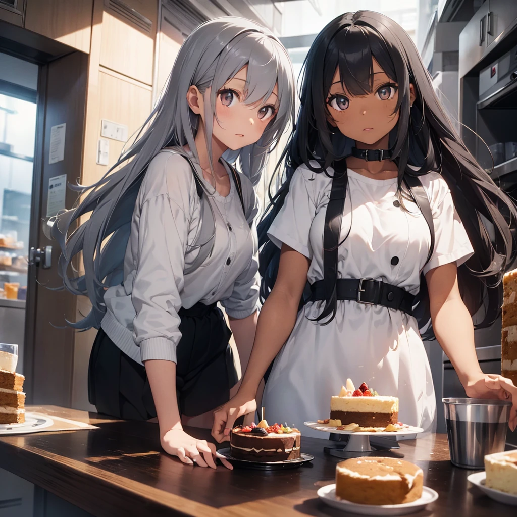 Black girl with long gray hair, gray eyes. thin lips fat body It floats in the cake cream