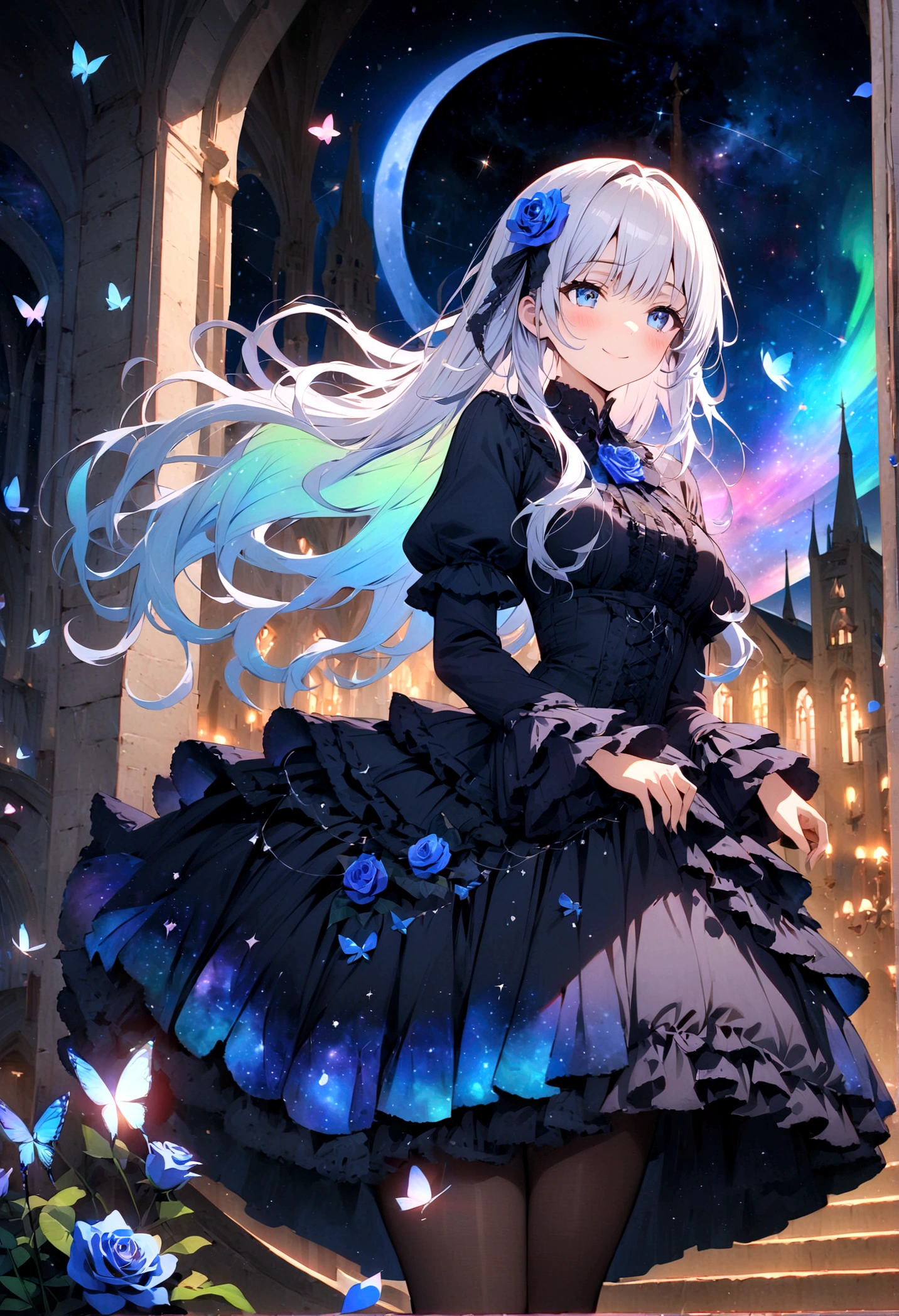 ((masterpiece:1.4)), (best quality), (ultra-detailed), anime style, 1girl, white hair, long hair, (gothic lolita), musical note, shooting star, space, galaxy, aurora, seven-colored light, (blue rose:1.2), butterfly, constellation, girl riding on a crescent moon, nebula, blue rose petals, stained glass, entire field of stained glass flowers, night, blushing, blush, smile, reflection, planetarium, flowing hair, church, candelabra, dancing patterns.