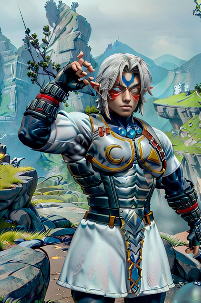a muscular male figure wearing a white tunic, belt, Fingerless Gloves, and boots, , posing and looking at the viewer from above, surrounded by mountains and rocks, (best quality,4K,8K,highres,masterpiece:1.2),Ultra-detail,(realisti,photorealisti,photo-realisti:1.37),portrait,Fantasies,dramatic lighing,filmic, (((a muscular male figure))), STRONG FIGURE, breast out, powerful ,powerfule Aura, white glowing eyes, (((Flex your muscles)))