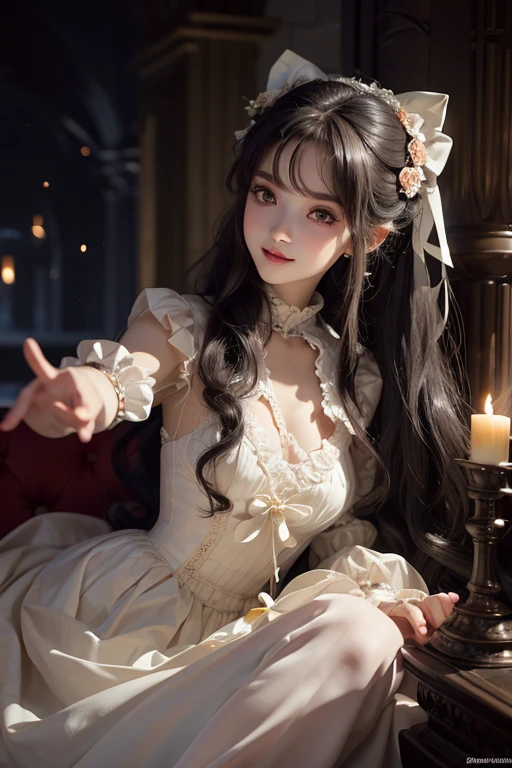 fine details, high resolution, in old England,night view,high quality,((baby face)),(****ta dress),(catch light),(Cross and roses),big eyes,in the room, Perfect dynamic composition, Beautiful and delicate eyes, Medium long hair,smile,natural color lips,Kamimei、bun hair,England church rooftop,20 year old girl,1 person,clear skin,big smile, best quality, illustration, Super detailed, fine details, high resolution, 8K、The correct state of the human body、Random pose,Sculpt model pose,