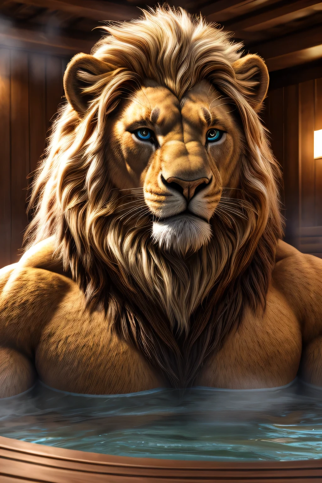 a massive lion, extremely realistic male werelion, realistic feral paws, long flowing blond mane, extremely detailed and realistic eyes, very obese body, very big belly, transparent long fur, tight jockstrap, room with Jacuzzi and sauna, face portrait, face portrait correct, best quality, 8k, highres, masterpiece, ultra-detailed, realistic, photorealistic, photo-realistic, HDR, UHD, studio lighting, ultra-fine painting, sharp focus, physically-based rendering, extreme detail description, professional, vivid colors, bokeh, cinematic, extremely detailed eyes and face, correct anatomy, correct eyes, correct hand