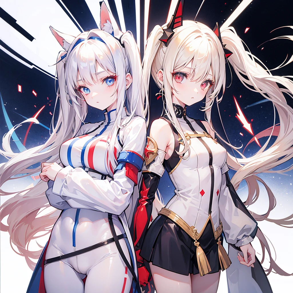 Two girls, red eyes and beige hair, blue eyes and white hair, twintails, long hair, white background, bodysuit, high quality
