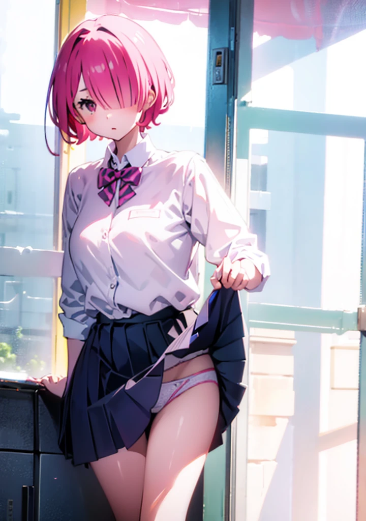 Showing panties、Pink short hair、hair over one eye、Showing panties、、School classroom、blackboard、Pull up your skirt、Lift up your skirt、Condescending expression、A foolish look、