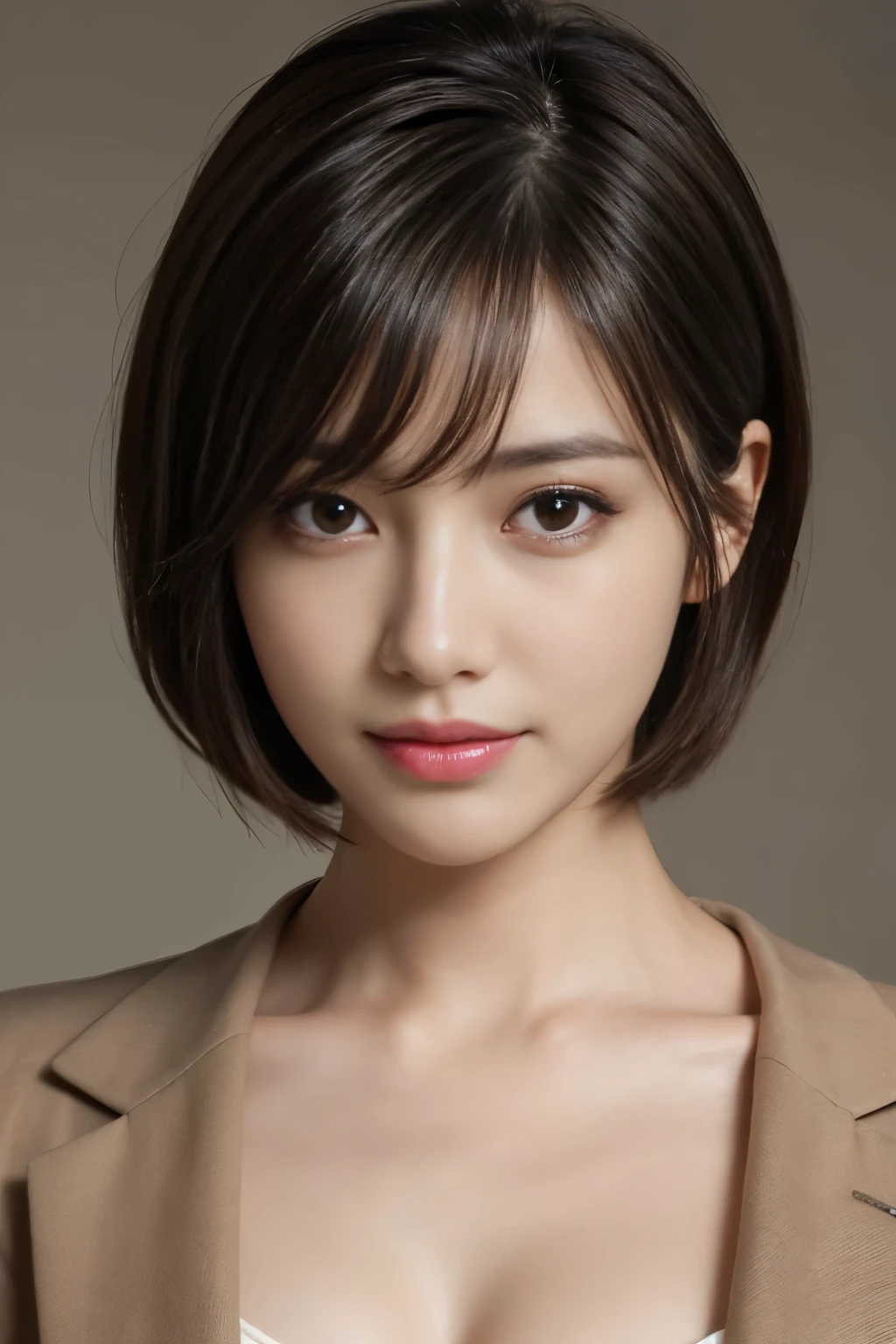The best quality at its best, Realistically, Super detailed, More about pubic hair, High resolution, Plain background,8k wallpaper, One beautiful woman,,Light brown short hair, Wear a dark suit, Lock Focus, Perfect dynamic composition, Beautiful Eyes, Delicate hair, 细致Realistically的皮肤纹理, smile, Close-up portrait, Model Body Type