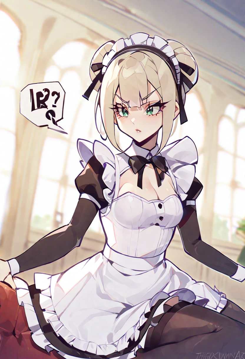 marie rose, maid uniform, headdress, black stockings, mansion, ThiccWithaQ art style, marie rose, cute, lewd, 