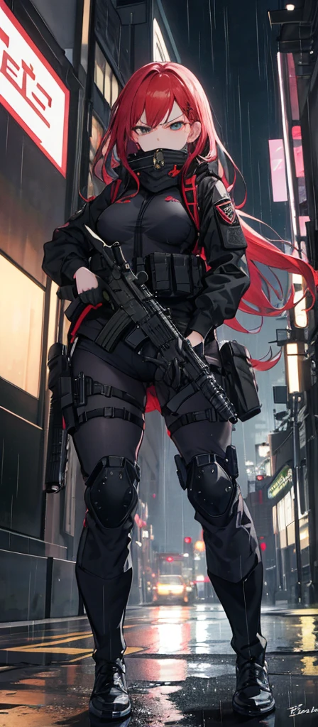 ((Best Quality)), ((Masterpiece)), (detailed), anime girl, Red hair,stuck clothes, exposed nipple, sexy, , military , black futuristic tactical, tactical assault weapon, tactical team, annoyed, bothers, hull, special mission, at night, City, strong rain, focused, shooting up, con hull tactico