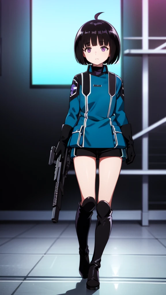 One Girl, alone, amateur_chika, short hair, Black Hair, Blunt bangs, Bobcut, Ahoge, Purple eyes, Long sleeve, Blue jacket, uniform, Black Shirt, turtleneck, Symbolism, Short black shorts, Black boots, carry a long rifle, Cowboy Shot、Thighs、Black thigh-high boots、（（（Black high heels）））whole body, face, high quality, masterpiece, 超High resolution, high quality, Attention to detail, 最high quality, High resolution