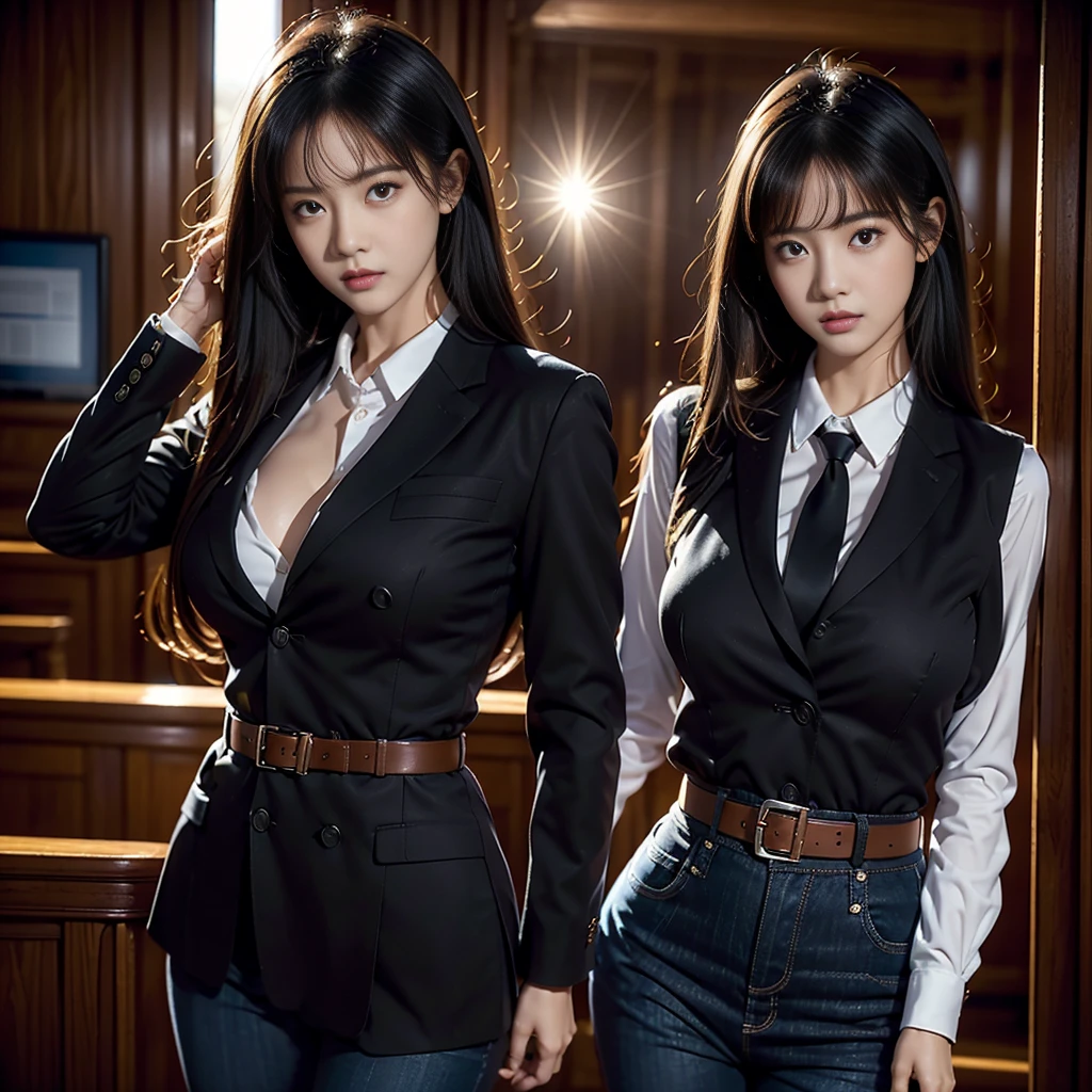 masterpiece、Highest quality、Ultra-high resolution、、colorful、Flat Color、Depth of written boundary、Lens Flare 1 Girl、、Black-haired、Staring at the audience suit Dress shirt belt suspenders Working Adults case OL Black jacket Glare Big ample breasts Sex jeans