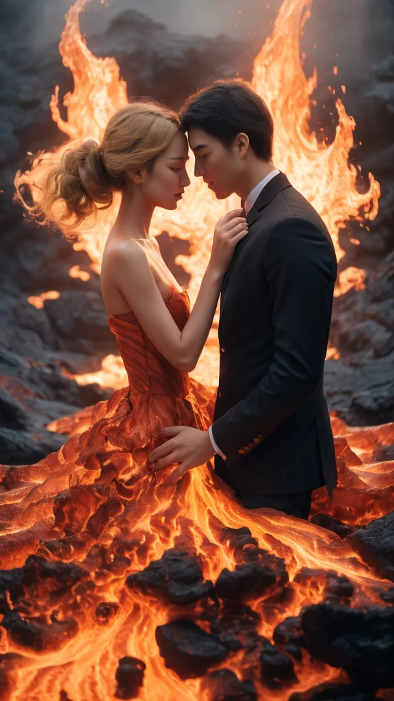 masterpiece,Highest quality,Rich in details,high resolution,flame/fiery的焰/flame,Dynamic Scene Scale 1.3,Romantic couple kissing in the fire,Firestorm,on fire,Bizarre fantasy image,Excellent skin texture,Magic Circle,Casting a Spell,strange,紫色strength,strength,fiery,meteor。
