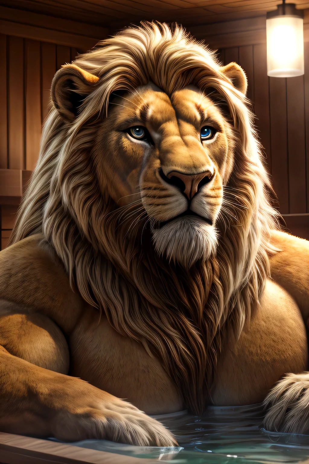 a massive lion, extremely realistic male werelion, realistic feral paws, long flowing blond mane, extremely detailed and realistic eyes, very obese body, very big belly, transparent long fur, tight jockstrap, room with Jacuzzi and sauna, face portrait, face portrait correct, best quality, 8k, highres, masterpiece, ultra-detailed, realistic, photorealistic, photo-realistic, HDR, UHD, studio lighting, ultra-fine painting, sharp focus, physically-based rendering, extreme detail description, professional, vivid colors, bokeh, cinematic, extremely detailed eyes and face, correct anatomy, correct eyes, correct hand