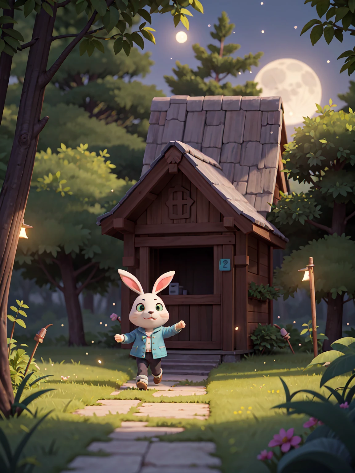Bunny,Ears prick up,White,Facing the camera sideways,Walking on the forest path,The moonlight shines on the face,Fear,trembling,Fireflies are flying on the right.,Faint light,Medium shot,Kipling Studio Style,Miyazaki style,2.5D,Game Textures,lifelike,4K