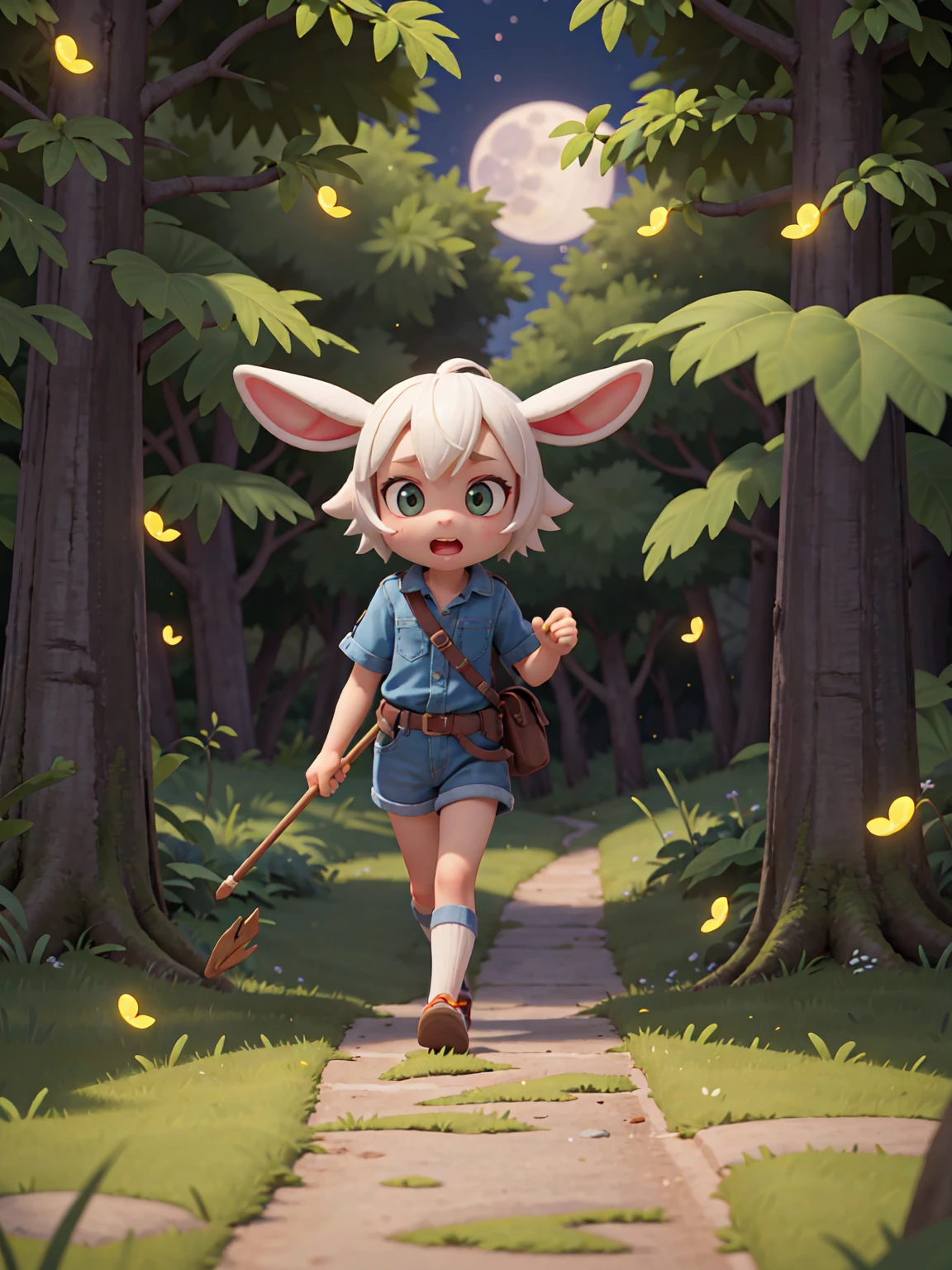 Bunny，Ears prick up，White，Facing the camera sideways，Walking on the forest path，The moonlight shines on the face，Fear，trembling，Fireflies are flying on the right.，Faint light，Medium shot，Kipling Studio Style，Miyazaki style，2.5D，Game Textures，lifelike，4K