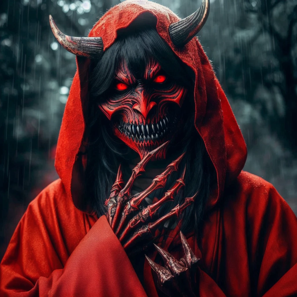 arafed woman in a red hoodie with horns and a demon face, villain wearing a red oni mask, fit male demon with white horns, demon woman, | demonic | horror themed, demonic creature, ron desantis as satan, demon girl, beautiful male god of death, demon samurai, wearing cultist red robe, scary horrifying satanic rituals, red horns