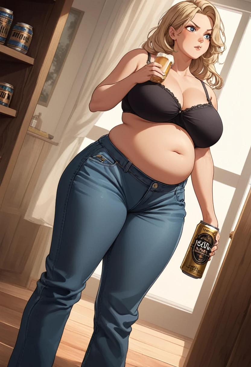 detailed illustration (side view),dynamic angle, ultra-detailed, illustration, clean line art, shading, anime, detailed eyes, detailed face, beautiful face, dramatic lighting, detailed illustration, dynamic angle, ultra-detailed, illustration, sensual face, gorgeous face, tired, annoyed look on face,
Mom bod, woman in her late 30’s, milf, open khaki bath robe, white reinforced bra, mom jeans, jeans unbuttoned, thick, plump, blue eyes, blonde hair, pear shaped body, big ass, massive sagging full , clothes tight, wide hips, beer belly, chubby, breasts overflowing bra cups, drinking, beer cans, background of a pool house interior, belly spilling out of unzipped pants, nighttime, moonscape outside windows, beer belly