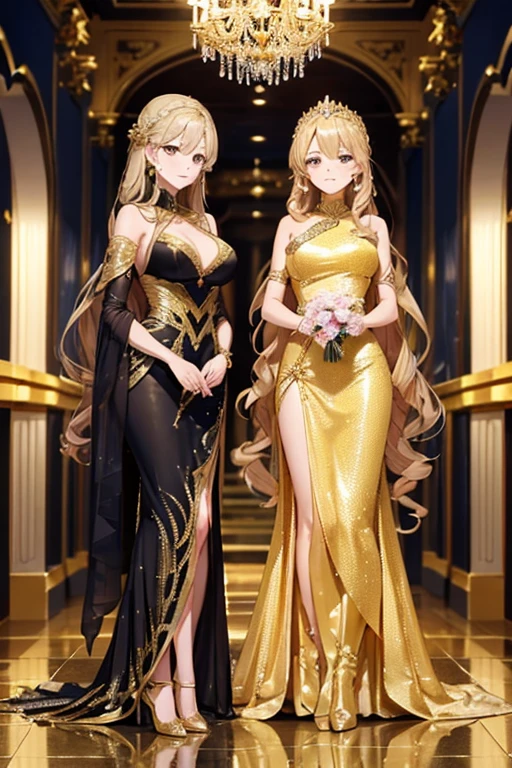 Two women in dresses standing side by side in a hallway, シルキーcovered in gold, Golden Dress, covered in gold, Gold Silk, Elegant evening dresses!, Aodai, Elegant gold body, シルキーパープルとcovered in gold, In Ram Man style, Golden Goddess, Golden Robe, Wearing a long gown, Golden Clothes, Golden hues appear naturally