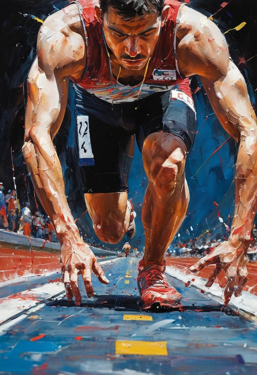 a rich combination of vibrant colors including reds, blues and whites. Splashes of paint, in the style of Jackson Pollock, adorn the composition, representing the intensity of a race. In the center of the scene, an athlete meticulously cut out of a magazine is positioned at the starting line. His muscles are tense, and the race track stretches straight and flat before him. The starting blocks firmly support his feet as he prepares for the explosive start under focused artificial light. The grainy black background (reminiscent of the VHS effect) surrounds the entire scene, giving depth and dynamism. The athlete's facial expression is focused and determined, with his eyes fixed on the track in front of him. His eyebrows are slightly furrowed, and his lips are pressed into a firm line, reflecting anticipation and readiness for the imminent start. Grafite, rabiscar, melhor qualidade, Obra de arte, trabalho representativo, arte oficial, profissional, ultra intrincado detalhado, 8K