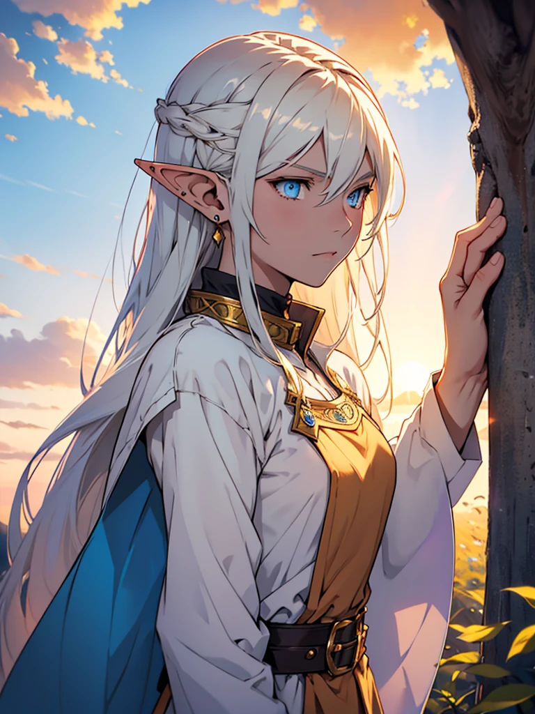 The image depicts a character drawn in an anime style. The character has long white hair, striking blue eyes, and pointed ears, suggesting that they might be an elf or another mystical being. They are wearing earrings and a dark-colored outfit with a high collar. In the background, we see a soft-focus view of the sky with hues of orange and yellow, creating an impression of either sunrise or sunset. The overall mood of the image is serene and contemplative.