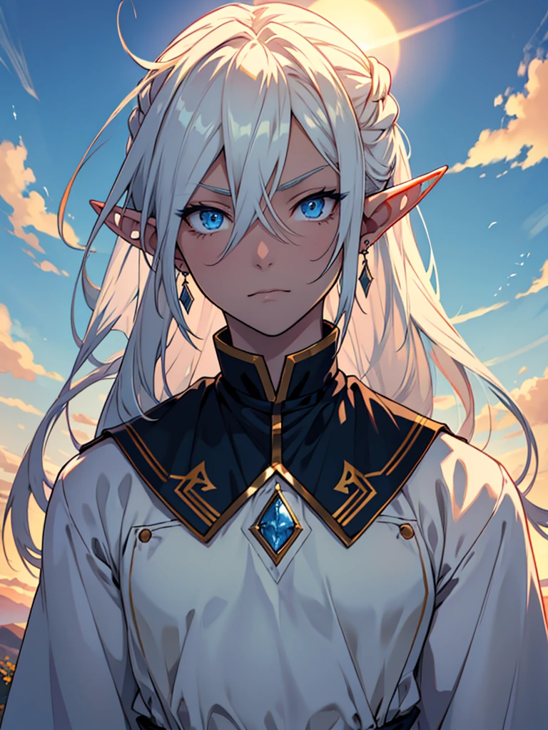 The image depicts a character drawn in an anime style. The character has long white hair, striking blue eyes, and pointed ears, suggesting that they might be an elf or another mystical being. They are wearing earrings and a dark-colored outfit with a high collar. In the background, we see a soft-focus view of the sky with hues of orange and yellow, creating an impression of either sunrise or sunset. The overall mood of the image is serene and contemplative.