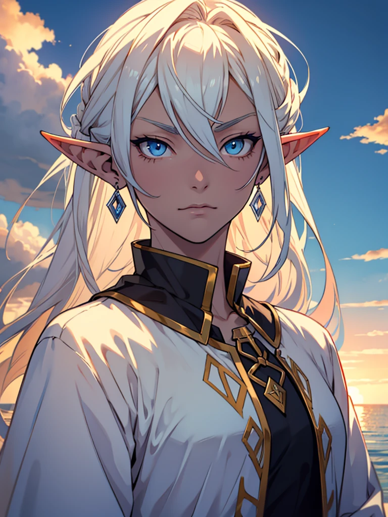 The image depicts a character drawn in an anime style. The character has long white hair, striking blue eyes, and pointed ears, suggesting that they might be an elf or another mystical being. They are wearing earrings and a dark-colored outfit with a high collar. In the background, we see a soft-focus view of the sky with hues of orange and yellow, creating an impression of either sunrise or sunset. The overall mood of the image is serene and contemplative.