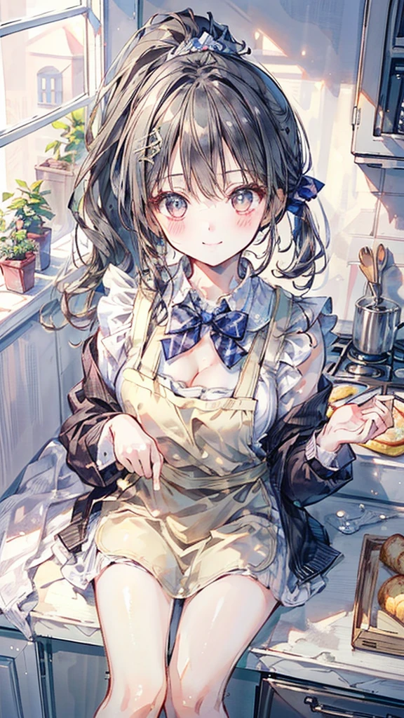(Best quality, 8k, 32k, Masterpiece, UHD,:1.2),RAW, human, 1girl,ultra cute , ultra cute, natural lighting, transparent shining eyes, 20yo, medium breast ,femur, fair complexion , flushed face, ,Homemade Country Dress,long-sleeved dress in muted colors, Handmade apron for practicality and style, sturdy fabrics like cotton, Happily Smiling, kitchen, sitting on the stool, short ponytail, Cleavage Cutout, From above