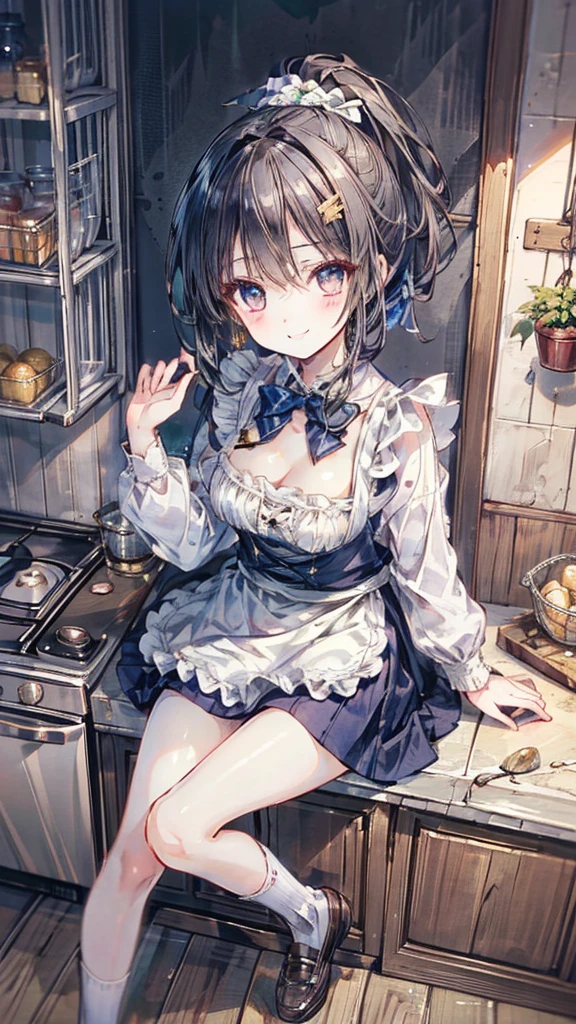 (Best quality, 8k, 32k, Masterpiece, UHD,:1.2),RAW, human, 1girl,ultra cute , ultra cute, natural lighting, transparent shining eyes, 20yo, medium breast ,femur, fair complexion , flushed face, ,Homemade Country Dress,long-sleeved dress in muted colors, Handmade apron for practicality and style, sturdy fabrics like cotton, Happily Smiling, kitchen, sitting on the stool, short ponytail, Cleavage Cutout, From above
