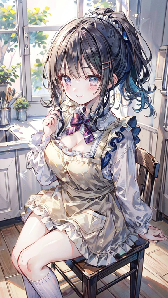 (Best quality, 8k, 32k, Masterpiece, UHD,:1.2),RAW, human, 1girl,ultra cute , ultra cute, natural lighting, transparent shining eyes, 20yo, medium breast ,femur, fair complexion , flushed face, ,Homemade Country Dress,long-sleeved dress in muted colors, Handmade apron for practicality and style, sturdy fabrics like cotton, Happily Smiling, kitchen, sitting on the stool, short ponytail, Cleavage Cutout, From above