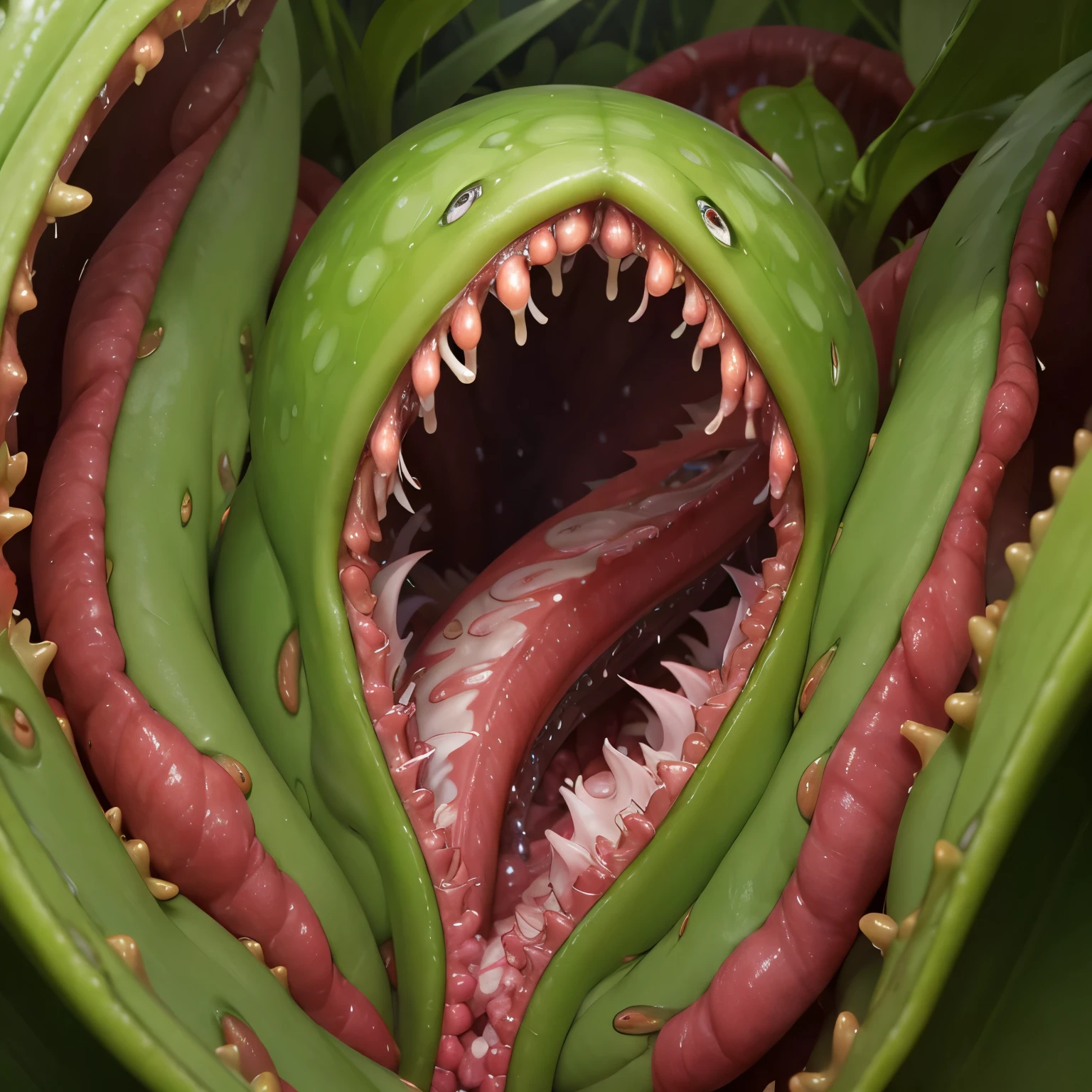one giant bulbous venus flytrap carnivorous plant opening its mouth, from above, slimy, digestive acids, wet, piranha plant, round