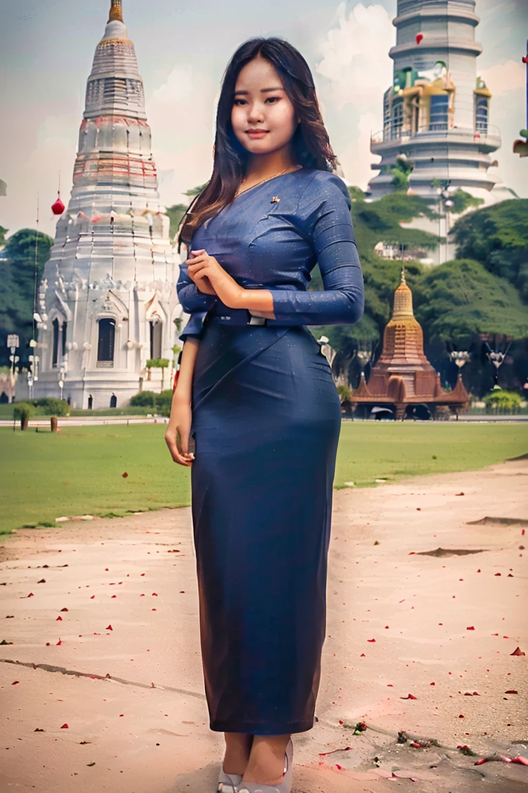 arafed asian woman in a satin dress standing in front of a crowd, (((full body view:2))), ((pretty lady MoonLay:1.2)), (pretty lady MoonLay), ((((pretty lady MoonLay's innocent cute face and cute small smile:1.3)))), (random other girls), ((wearing Myanmar traditional elegant and stylish affair:1.2)), ((blue top and gray bottom satin dress color:1.2)), blue stiletto high heel, south east asian with square face, traditional beauty, beautiful asian girl, anime thai girl, a young beautiful asian woman, ((in a park with Myanmar temple and pagoda at far background:1.5)), cinematic enhance HDR portrait lighting, perfect anatomy, cannon mark v, DSLR quality, (perfect anatomy).