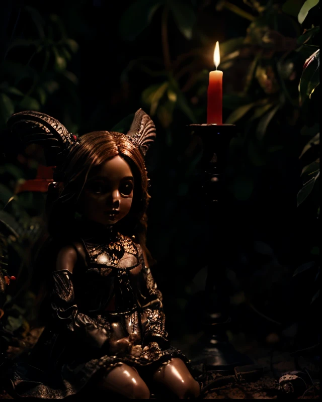 ultra-realistic detailed photograph of a medium-sized plastic doll with big eyes (doll, not human) filled with red liquid on its body sitting in a dark, ghostly garden, with several skulls, candelabra, images of black goats (baphomet). aesthetic coquette