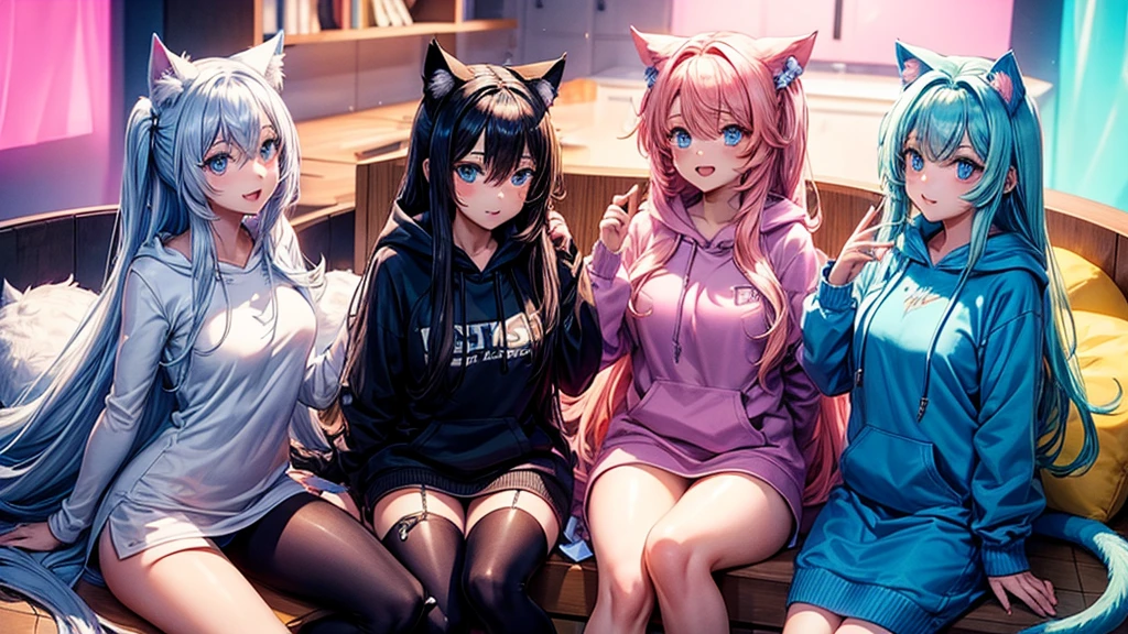 four hot girls with Cat ears and tail, long hair with diferents colours each , blue eyes,hoody