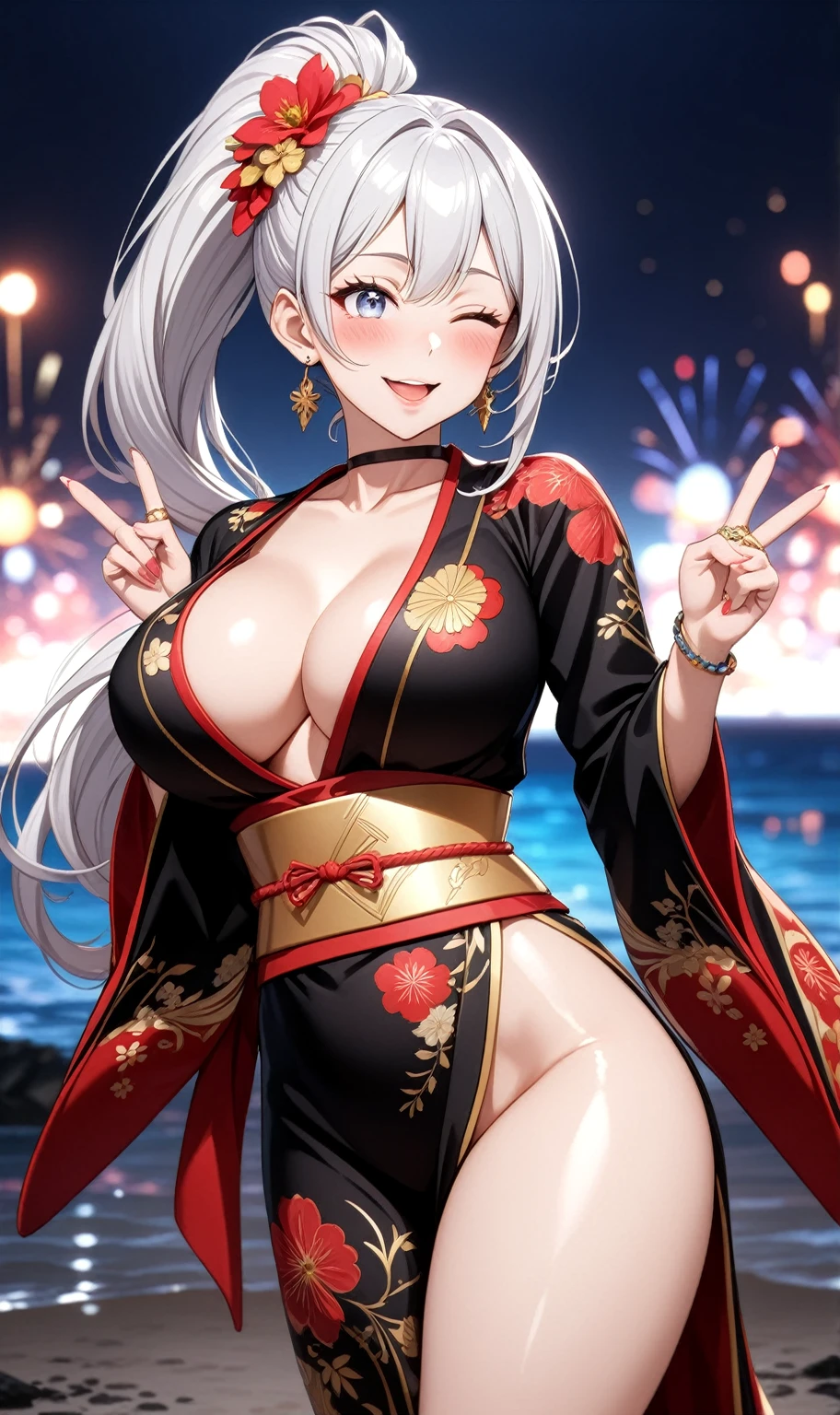 ((One personの女性)), Beautiful Face, embarrassed,  (looking through legs), ((Wink:1.8)), Laugh with your mouth wide open,((Bright red cheeks:1.4)),Shiny red lips,night,coastal,You can see the ocean, firework,Laughing with your mouth open,Glossy pink lips,Facial lighting,((Anime style background)),masterpiece, Highest quality, so beautiful,up to date, Complex details, (Pink long nails), (4fingers and 1thumbs), (ring),(bracelet),(choker),AI-generated, Complex,High resolution, Highest quality, super high quality,3D Images、3D Images,One person,Long white hair,High Ponytail,(blue eyes),Anime woman posing for a photo, ((Fine grain、Silvery white colorful eyes、Shining Eyes:1.3)),(Squint your eyes:1.1),a hyperRealistic , hyperRealistic , Realistic,Anime woman with long white hair, Smooth anime CG art, A woman in a colorful kimono with gold embroidery, (Black long sleeve kimono),Red floral pattern,Long flower hair ornament,Earrings,Mature Body,(Big Breasts:1.1),Tall,Abdominal muscles,Narrow waist,(Zoom up to face:1.6),(front view),