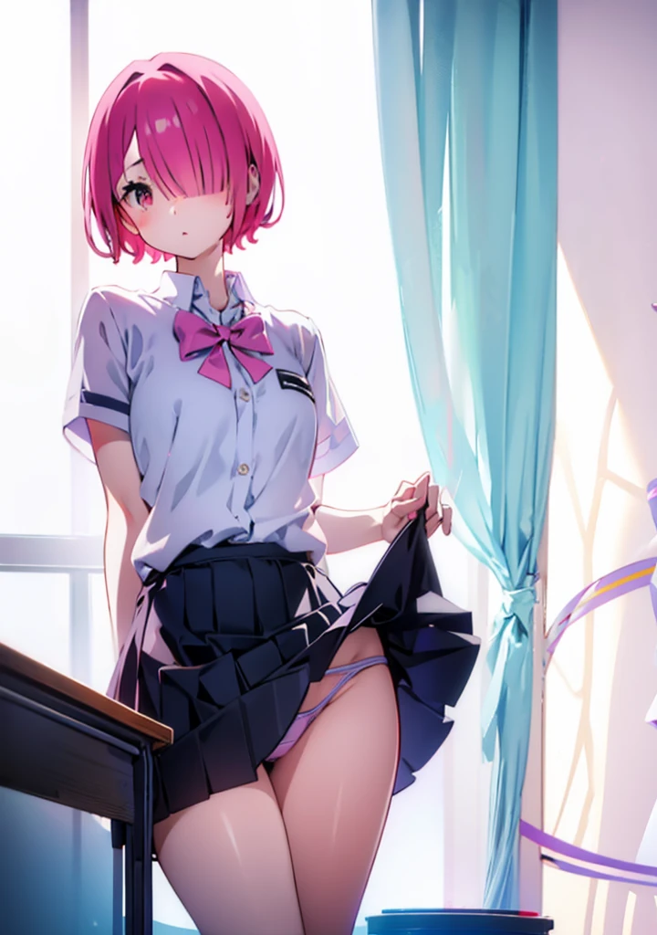 Showing panties、Pink short hair、hair over one eye、Showing panties、、School classroom、blackboard、Pull up your skirt、Lift up your skirt、Condescending expression、A foolish look、