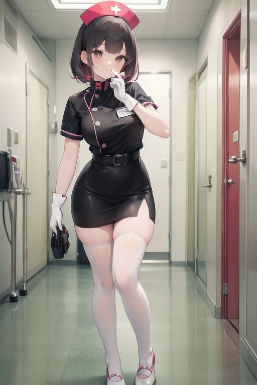 1girl, solo, nurse, nurse cap, white wear, ((white legwear, zettai ryouiki)), white gloves, pink hair,  drooping eyes, ((covered nose)), standing, ((hospital room)), sharp outline, short sleeves, best quality, masterpiece，Fleshy，Brown eyes，Fleshy，Black hair，happy，lol，Heart，belt，Black clothes，Exposing underwear，Black lingerie，miniskirt