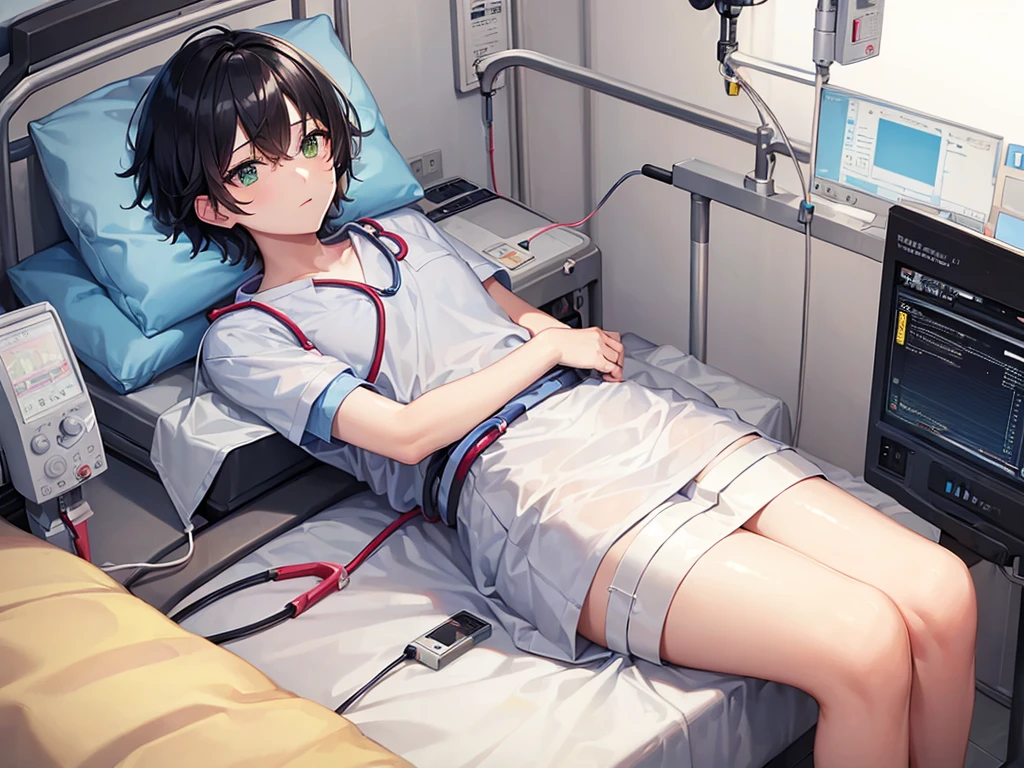 (masterpiece, high quality,shiny skin:1.4) ,vivid color, high contrast,1 boy, short hair,black hair, green eyes,BREAK life support machine,lying on hospital bed,lying, hospital gown,bandages,monitor,thermometer,blanket,cable,on bed, unconscious, sleeping at hospital bed