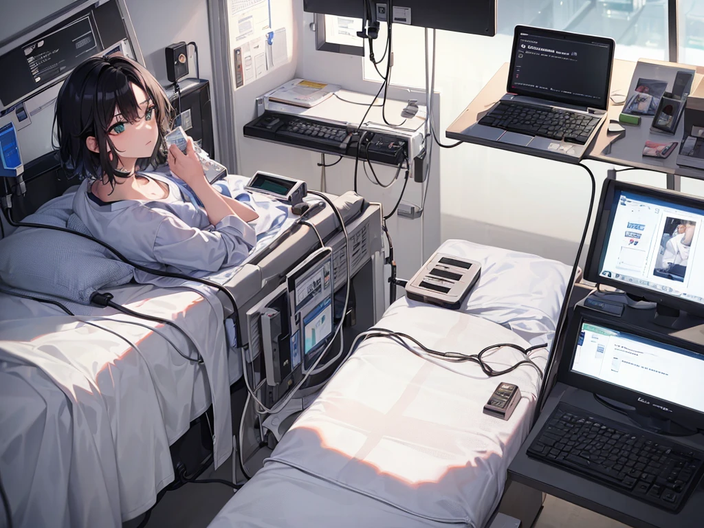 (masterpiece, high quality,shiny skin:1.4) ,vivid color, high contrast,1 boy, short hair,black hair, green eyes,BREAK life support machine,lying on hospital bed,lying, hospital gown,bandages,monitor,thermometer,blanket,cable,on bed, unconscious, sleeping at hospital bed