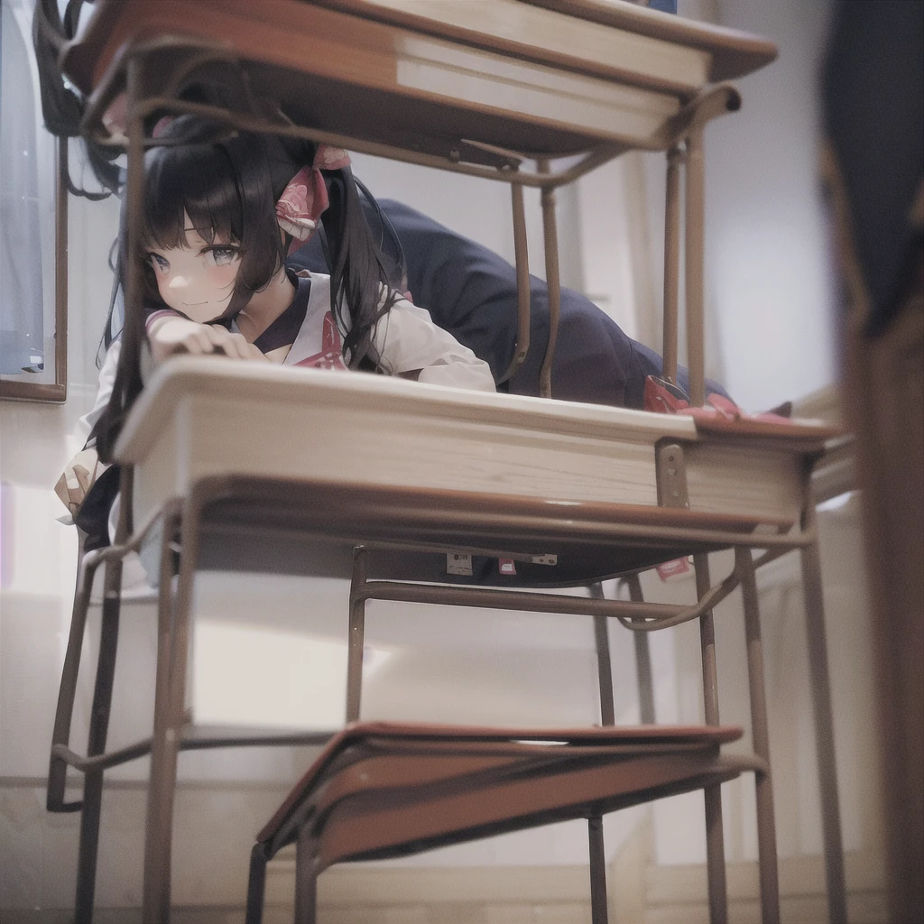 (best quality, masterpiece, high-resolution, detail),
a girl, 15yo,
sitting, kyoshitu, school chair, school desk,
low pigtails, (low twin tails:1.2), black hair,
navy blue , sailor uniform,
front,
gentle smile,