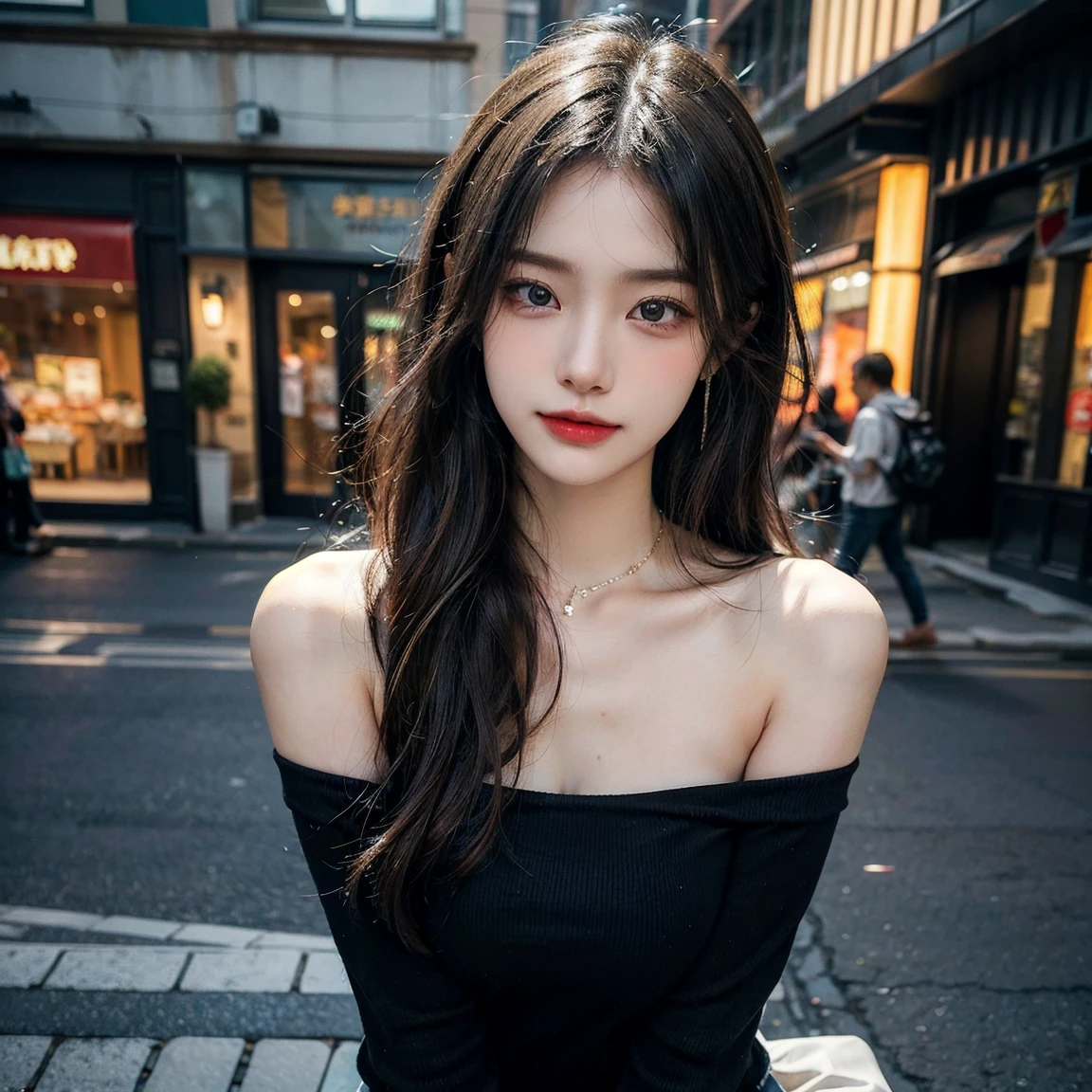 Highest quality,Infinite Details,Highest quality,Front view,beautiful beautiful girl,soft,Perfectly balanced face,Make your face bright red,LOL,Graceful features,Cute smile,A sophisticated eye,Delicate eyelashes, Beautiful Eyes, Silkworm and sweet,Earrings,Choker Necklace,Delicate clavicle,long flowing hair,Smooth Hair,((High neck off shoulder shirt shiny,Black shirt and skinny jeans:1.3)),Feeling enveloped,Perfect body,fold,Delicate skin,Not exposed,Dynamic Action,Exterior,evening,five,Depth of written boundary,Depth of written boundaryが大きい,Perfect detail,Very detailed,Extremely realistic,Video CG rendering,Cinematic light,Masterpieces,Dindal effect,Portrait of the Hojo Division.Hyper HD,Really,slim,180,Large Breasts,stand up,Street Photography,Cruel,A sophisticated eyeのディテール,Shy Smile 1.5