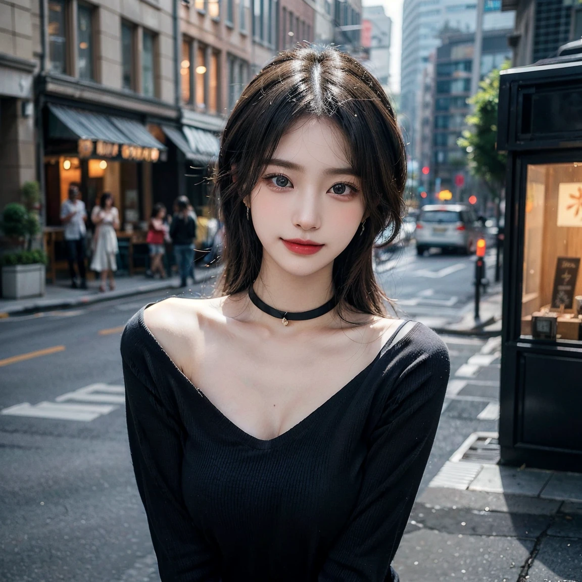 Highest quality，Infinite Details，Highest quality，Front view，beautiful beautiful girl，soft，Perfectly balanced face，Make your face bright red，LOL，Graceful features，Cute smile，A sophisticated eye，Delicate eyelashes, Beautiful Eyes, Silkworm and sweet，Earrings，Choker Necklace，Delicate clavicle，long flowing hair，Smooth Hair，（（High neck off shoulder shirt shiny，Black shirt and skinny jeans：1.3）），Feeling enveloped，Perfect body，fold，Delicate skin，Not exposed，Dynamic Action，Exterior，evening，five，Depth of written boundary，Depth of written boundaryが大きい，Perfect detail，Very detailed，Extremely realistic，Video CG rendering，Cinematic light，Masterpieces，Dindal effect，Portrait of the Hojo Division.Hyper HD，Really，slim，180，Large Breasts，stand up，Street Photography，Cruel，A sophisticated eyeのディテール，Shy Smile 1.5