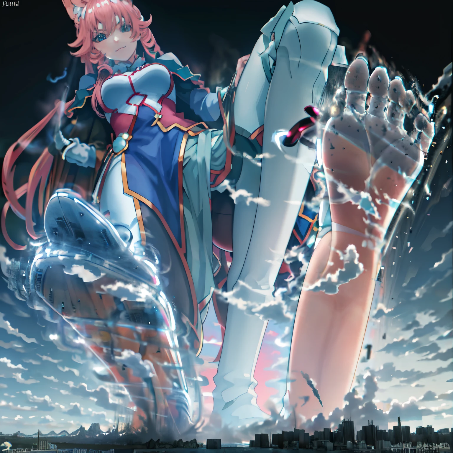 Anime characters with blue cape and pink hair, anime girl, single,lively, humanoid pink long hair, fox girl, fox ears, putika pose, white dress, white stockings, boots,city ,giantess