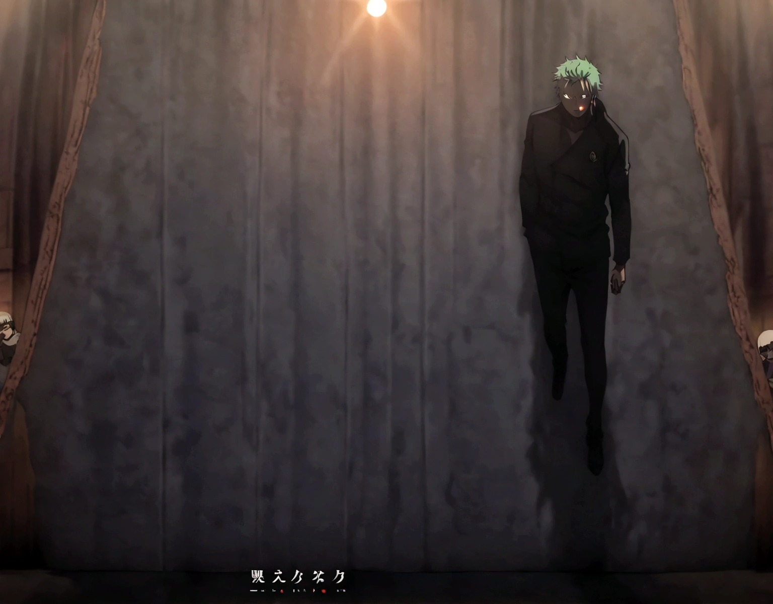 Create a striking and intense illustration featuring five iconic characters from different anime worlds: Gojo Satoru, Light Yagami, L, Sung Jin-Woo, and Roronoa Zoro. The scene is set in a dark, modern cityscape under a moonlit sky, where shadows and lights play a critical role in the composition.Gojo Satoru stands at the forefront, his white hair and blindfold contrasting sharply against the dark background. His Infinity technique creates a shimmering, protective barrier around the group, and his confident smirk suggests he's ready for any challenge.To his right, Light Yagami stands with a sinister, calculating expression, his Death Note in hand, and the shadows behind him hint at the presence of Ryuk, the Shinigami. He exudes a dark intellect, plotting his next move.Next to Light, L crouches in his iconic pose, his intense, analytical gaze fixed on the horizon. His disheveled hair and casual clothing contrast sharply with his razor-sharp mind, symbolizing his readiness to unravel any mystery.On Gojo's left, Sung Jin-Woo stands in his black hunter outfit, surrounded by shadow soldiers emerging from the ground, their eyes glowing eerily. His determined expression and powerful stance convey his status as a formidable hunter and leader.Roronoa Zoro, positioned slightly behind but still prominent, grips his three swords with a fierce determination in his eyes. His green hair and muscular build are highlighted by the moonlight, and his aura suggests he is always ready for battle.The composition should emphasize the unique strengths and personalities of each character, creating a sense of tension and alliance. The interplay of light and shadow, along with the intense expressions and dynamic poses, should convey a powerful, almost cinematic moment of unity and anticipation.