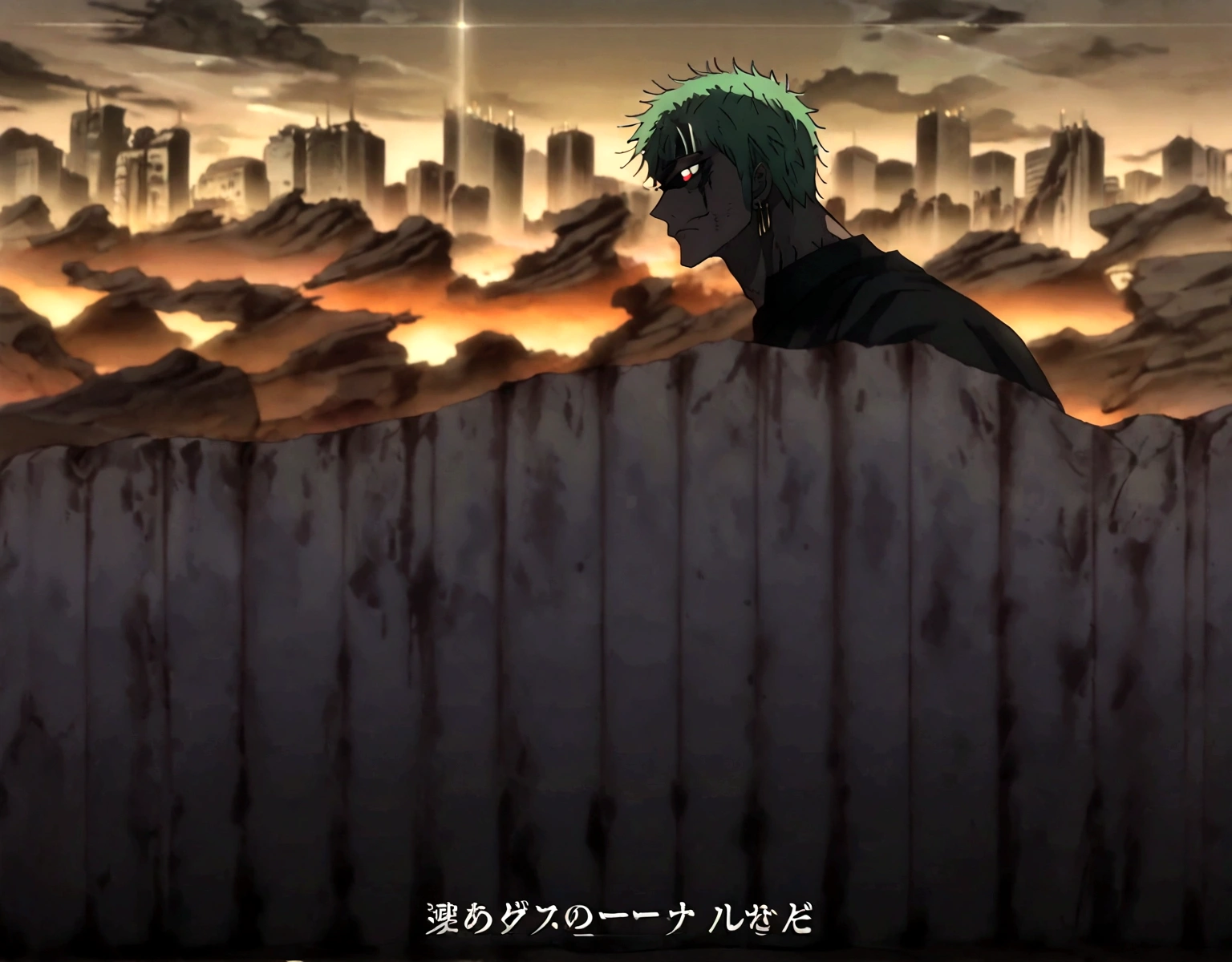 Create a striking and intense illustration featuring five iconic characters from different anime worlds: Gojo Satoru, Light Yagami, L, Sung Jin-Woo, and Roronoa Zoro. The scene is set in a dark, modern cityscape under a moonlit sky, where shadows and lights play a critical role in the composition.Gojo Satoru stands at the forefront, his white hair and blindfold contrasting sharply against the dark background. His Infinity technique creates a shimmering, protective barrier around the group, and his confident smirk suggests he's ready for any challenge.To his right, Light Yagami stands with a sinister, calculating expression, his Death Note in hand, and the shadows behind him hint at the presence of Ryuk, the Shinigami. He exudes a dark intellect, plotting his next move.Next to Light, L crouches in his iconic pose, his intense, analytical gaze fixed on the horizon. His disheveled hair and casual clothing contrast sharply with his razor-sharp mind, symbolizing his readiness to unravel any mystery.On Gojo's left, Sung Jin-Woo stands in his black hunter outfit, surrounded by shadow soldiers emerging from the ground, their eyes glowing eerily. His determined expression and powerful stance convey his status as a formidable hunter and leader.Roronoa Zoro, positioned slightly behind but still prominent, grips his three swords with a fierce determination in his eyes. His green hair and muscular build are highlighted by the moonlight, and his aura suggests he is always ready for battle.The composition should emphasize the unique strengths and personalities of each character, creating a sense of tension and alliance. The interplay of light and shadow, along with the intense expressions and dynamic poses, should convey a powerful, almost cinematic moment of unity and anticipation.