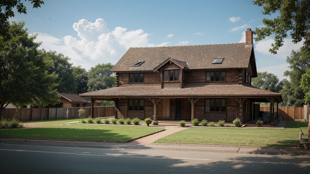 old wooden house from the front, photorealistic