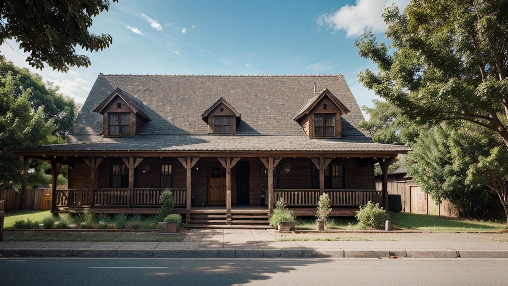 old wooden house from the front, photorealistic