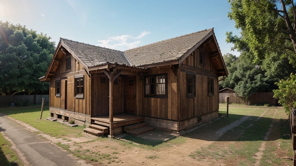 old wooden house from the front, photorealistic