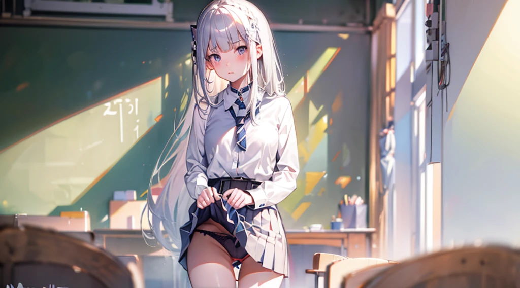 Silver Hair、Semi-long hair、Showing panties、、Showing panties、、School classroom、blackboard、Pull up your skirt、Lift up your skirt、Blushing、A foolish look、